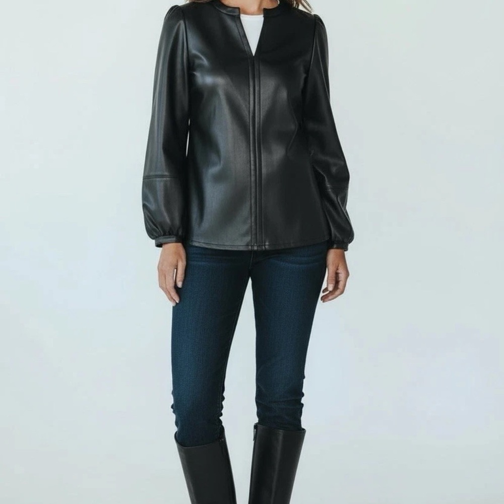 Belle by Kim Gravel Women's Top Sz M Faux Leather Knit Back Black A667151 - Picture 2 of 10